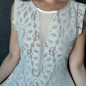 Cream & Tan Patterned Flamingo Dress - Flattering A-Line and Mesh Cutouts